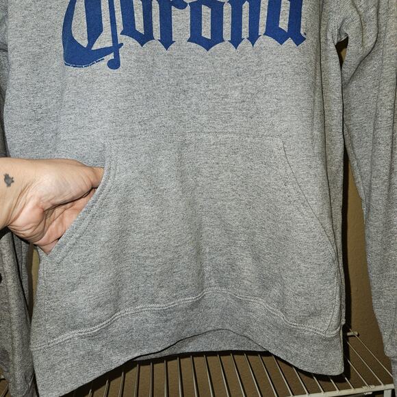 Corona Hoodie Men's Small Heather Gray Beer Cerveza Graphic Logo Casual Pullover - Picture 3 of 7